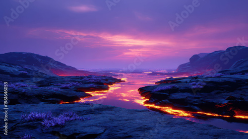 A breathtaking sunset over a landscape featuring a river, mountains, and striking colors. The scene evokes a sense of tranquility and the beauty of nature