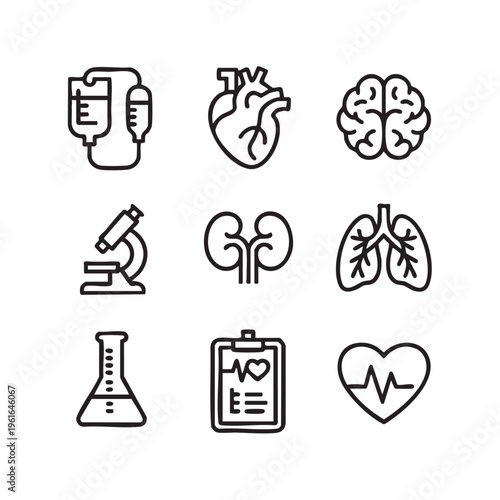 Medical icons depicting various human organs and health-related symbols in a simple line style on a white background with a clipboard and test tube