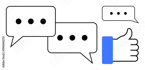 Communication concept. Communication through speech bubbles, conversations, and thumbs-up symbols emphasizing connection. Communication enhancing feedback, social media, teamwork, and support