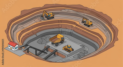 Isometric Open-Pit Mining Operation with Heavy Machinery and Infrastructure.