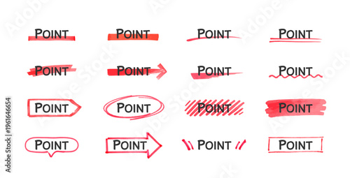 ポイントマーカー見出しセット 赤強調ライン手描き注意喚起素材 Point Marker Headline Set Red Highlight Attention Lines