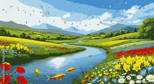 A serene landscape of a winding river flowing through a vibrant field of wildflowers with a distant mountain range under a blue sky with white clouds and flying birds.