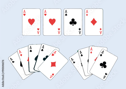 playing cards, four aces spread on green table, casino gambling scene, poker winning hand concept, classic card symbols illustration, luxury game atmosphere,entertainment theme background.