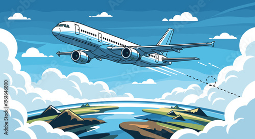 A commercial airplane soars through a bright blue sky above a scenic landscape of islands and water, surrounded by fluffy white clouds.