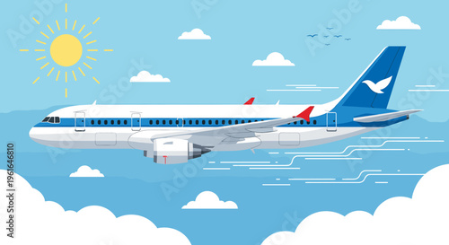 A commercial airplane with a blue and white livery flies through a clear blue sky on a sunny day, with fluffy white clouds below and a bright sun shining.