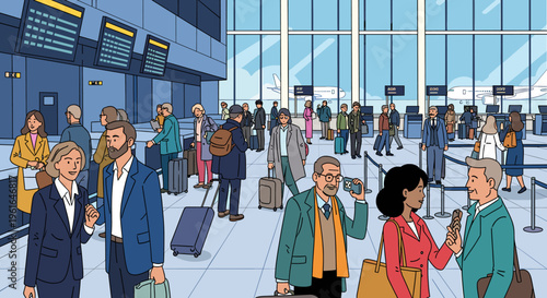 A busy airport terminal with diverse travelers and staff navigating check-in counters and departure boards.