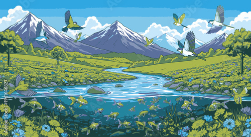 Serene landscape with a winding river flowing through a lush green valley surrounded by snow-capped mountains and vibrant wildflowers under a clear blue sky with fluffy white clouds.