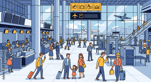 A bustling airport terminal interior with passengers checking in, going through security, and an airplane visible outside through large windows.
