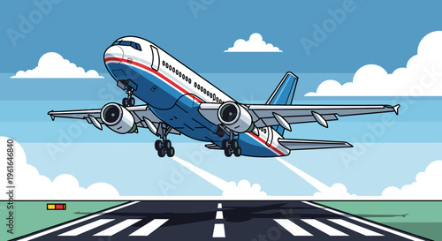 A large passenger airplane taking off from a runway under a blue sky with white clouds.