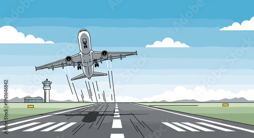 An illustration of a large passenger airplane taking off from an airport runway with a control tower in the background under a blue sky.