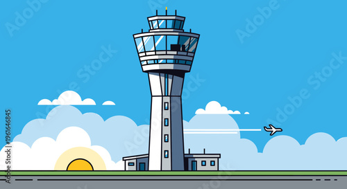 An illustrated airport control tower with a plane flying in the sky during sunrise or sunset, depicting air traffic management and aviation.