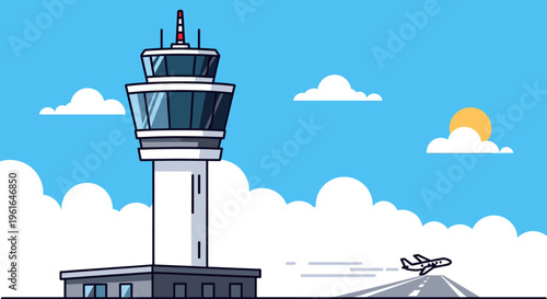 Illustration of an airport control tower with an airplane taking off under a blue sky with clouds and sun.