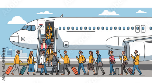 Passengers boarding a commercial airplane on the tarmac using mobile stairs at an airport with a city skyline in the background.