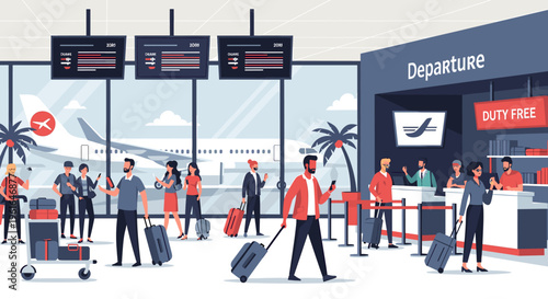 People in a busy airport departure terminal with check-in counters, flight information screens, and an airplane on the tarmac outside.