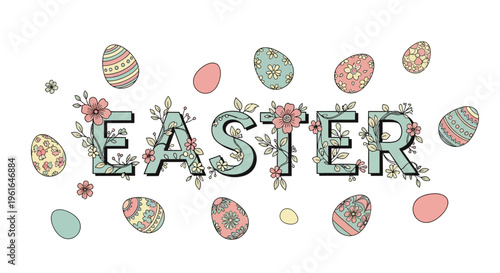 Easter text with decorative eggs and flowers, pastel colors, holiday celebration