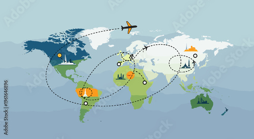 A world map illustrating global travel routes and interconnected industries with airplanes flying between continents.