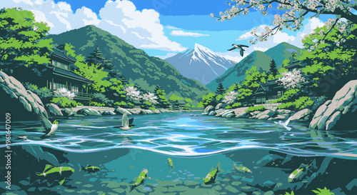 Serene mountain lake scene with lush greenery, snow-capped peaks, and fish swimming in clear blue water under a partly cloudy sky.