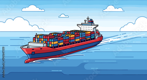 A large cargo ship carrying many colorful containers sails across the blue ocean under a cloudy sky.