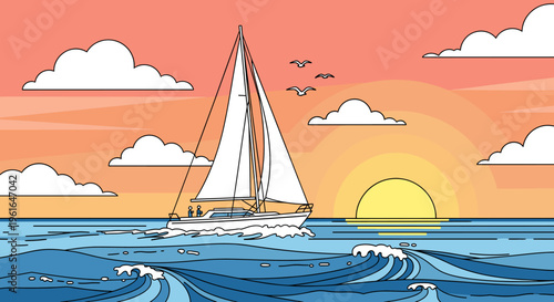 A sailboat glides across the ocean waves at sunset with seagulls flying overhead.