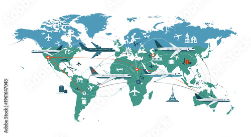 Global air travel network connecting continents and major cities with airplanes and iconic landmarks.