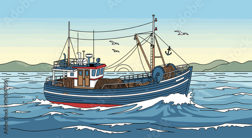 A detailed illustration of a blue and red fishing trawler sailing through choppy blue waters under a pale sky with distant hills.