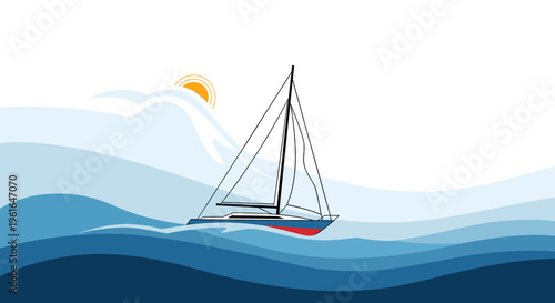 A sailboat glides across choppy blue waves under a bright sun partially obscured by clouds.