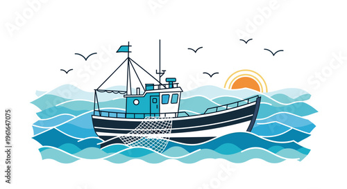A vibrant illustration of a fishing boat with nets deployed, sailing on wavy blue ocean waters under a bright sun with seagulls flying overhead.
