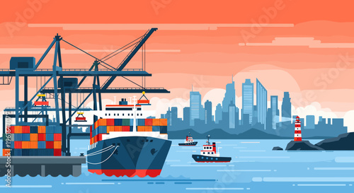 A vibrant illustration of a busy shipping port with container ships being loaded and unloaded by cranes, with a city skyline in the background.