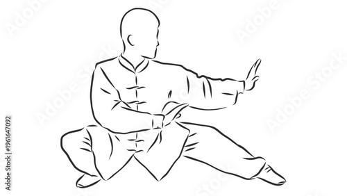 A minimalist line art illustration of a man practicing tai chi