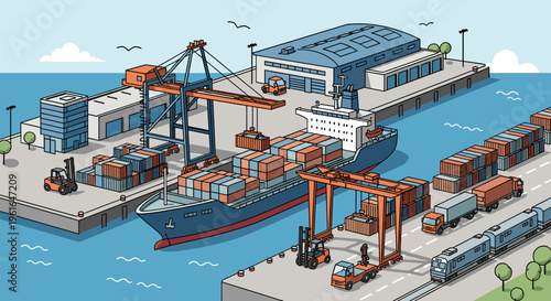 A busy international shipping port with cargo cranes loading containers onto a large container ship, with trains and trucks waiting on the dock.