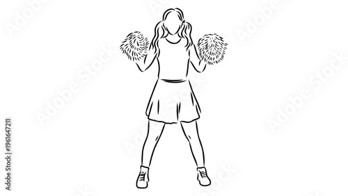 A minimalist line art illustration of a cheerleader with pom-poms