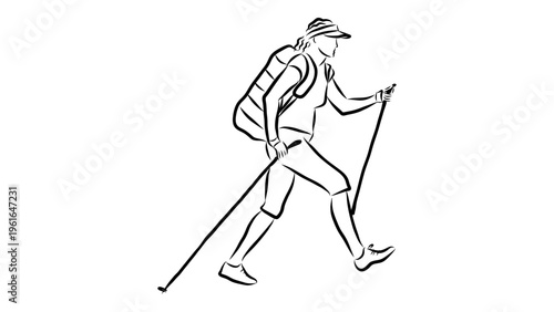 A minimalist line art illustration of a hiker walking with trekking poles