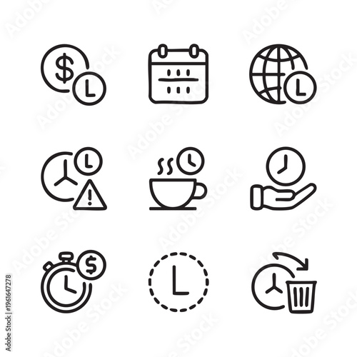 A collection of various line icons depicting time management and scheduling concepts on a white background with dollar coin calendar globe clock alarm and other symbols arranged neatly.