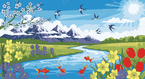 Serene landscape with a winding river, colorful flowers, snow-capped mountains, and birds flying under a sunny blue sky with fluffy clouds.