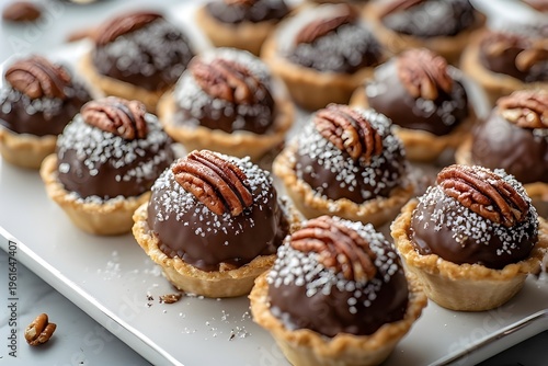 chocolate-dipped pecan pie balls on a serving tray