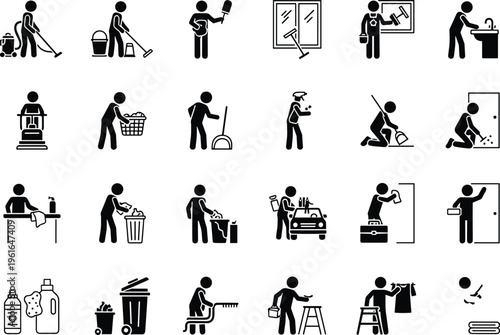 Black and white icon set of household cleaning, maintenance, hygiene, and home chores activities with human figures performing tasks for instructional, signage, and educational use