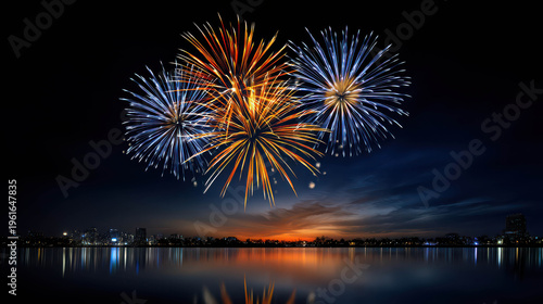 Fireworks light up the night sky over a tranquil lake, reflecting on the water below, with city skyline