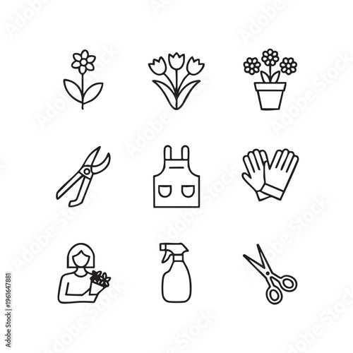 A person wearing gardening gloves uses pruning shears and a spray bottle to tend to various flowers and plants in a garden.