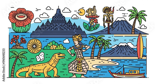 Vibrant Indonesian Culture and Nature Illustration with Landmarks and Wildlife.
