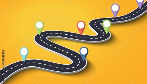 A winding road with colorful location pins on a bright yellow background