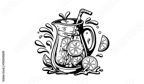 Cartoon lemonade jug with splashes and lemon slices playful summer drink vector illustration