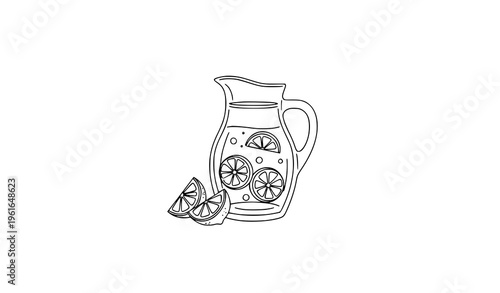 Minimal lemonade jug with lemon slices line art vector illustration clean outline drink design
