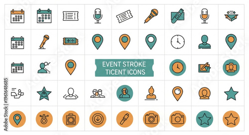 Event Icons Set - Calendar, Microphone, Ticket, Location Pin, Clock.