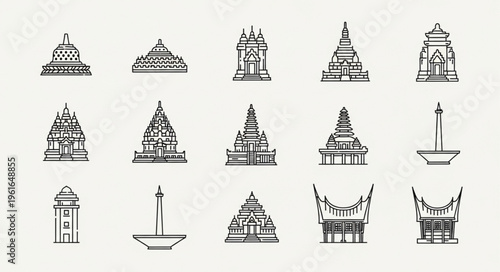 Collection of Hand-Drawn Asian Architectural Structures.