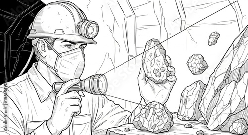 Miner Inspecting Ore in Underground Mine Illustration.