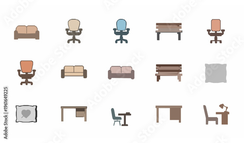 Minimal Comfort Icons Filled Editable Sofa Chair Desk Set Vector