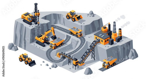 Isometric Mining Operation with Heavy Machinery and Industrial Processing.