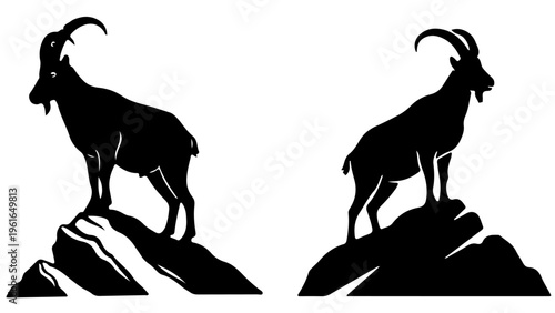 Pair of mountain ibex silhouettes standing on rocks, isolated black and white design.