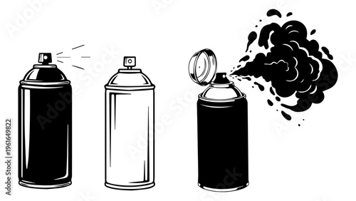 Spray paint can set with aerosol containers and color smoke cloud splash vector silhouette.