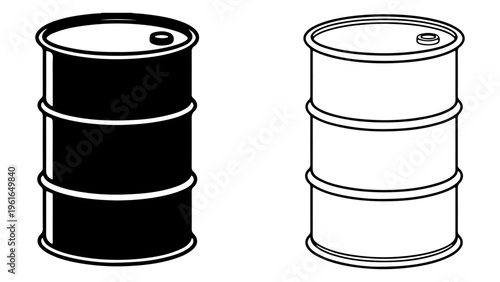 Industrial metal barrel icon set black and white, oil drum or storage container.